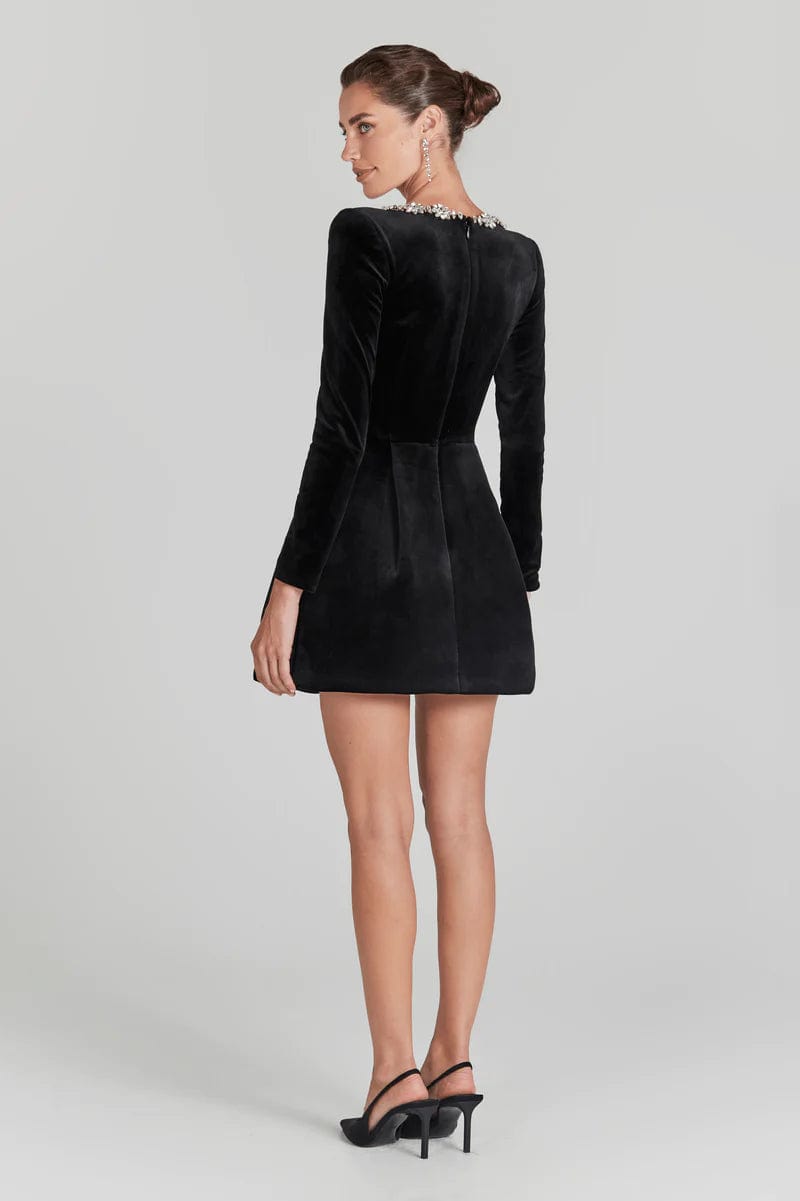 Women's black camille square mini dress, detail view
