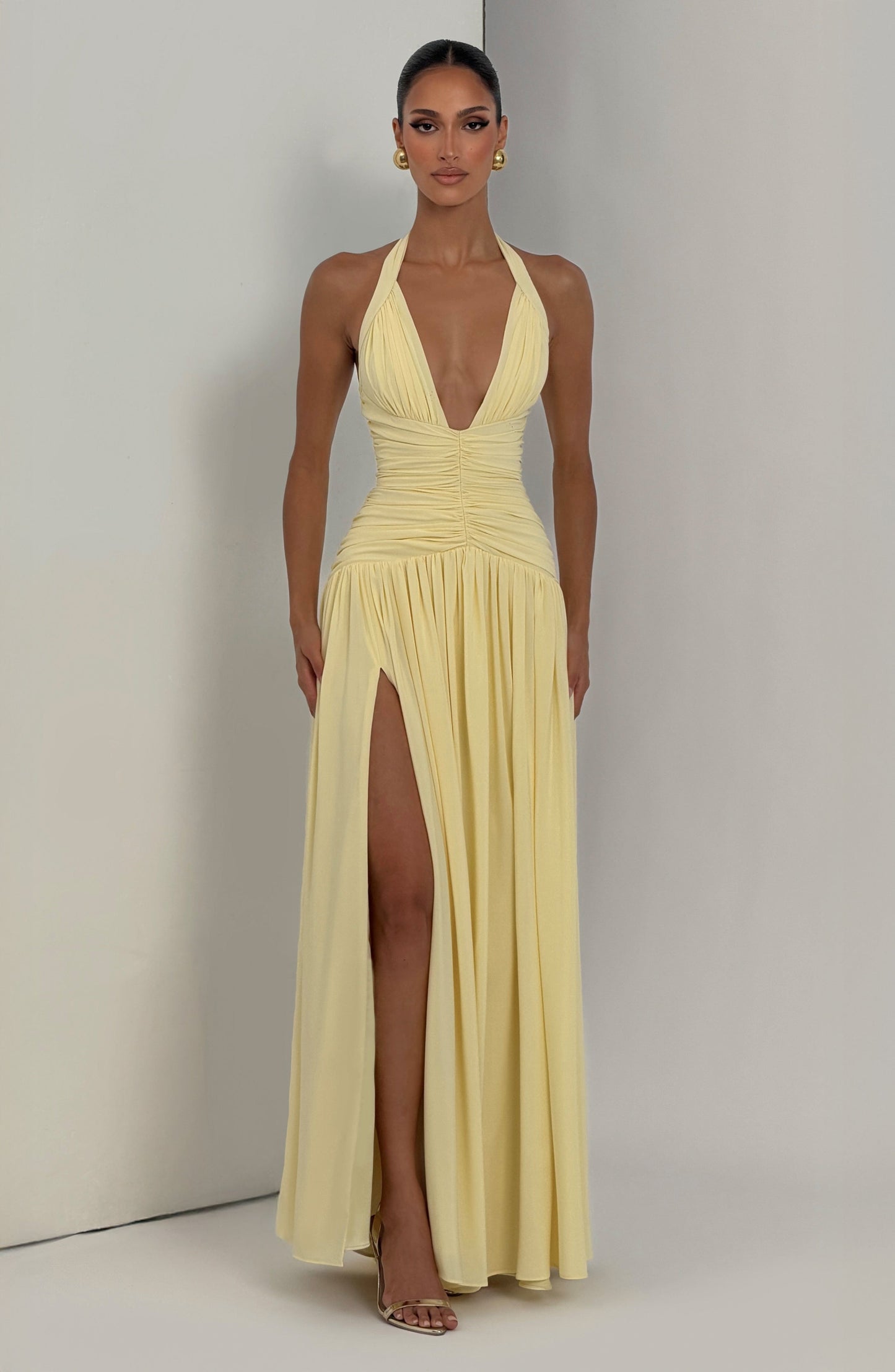 Women's yellow talia halter maxi dress, close up