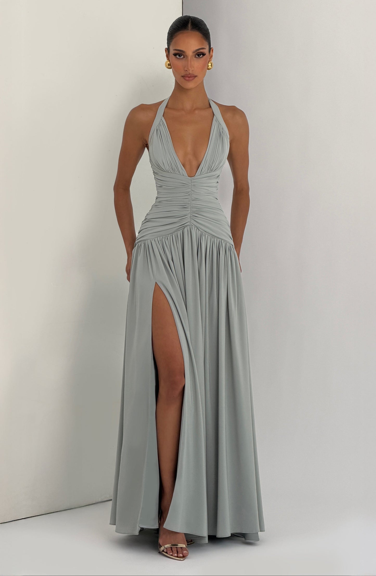 Women's sage green talia halter maxi dress, full length view