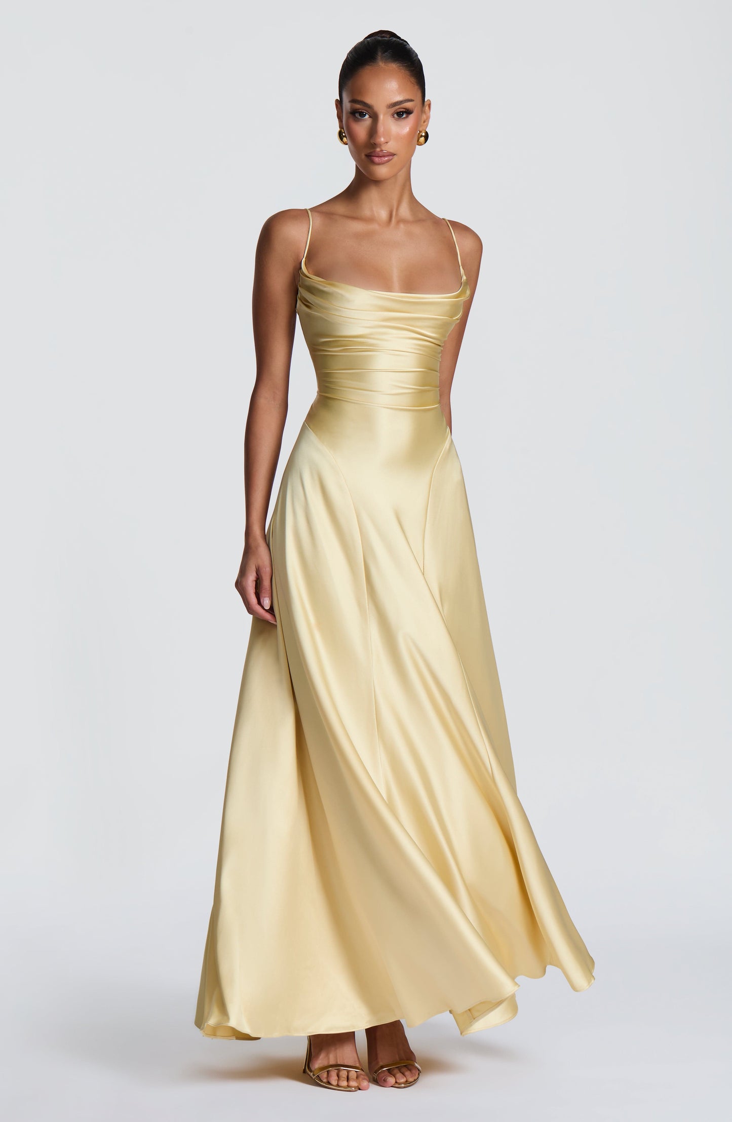 Women's yellow wren cowl maxi dress, close up