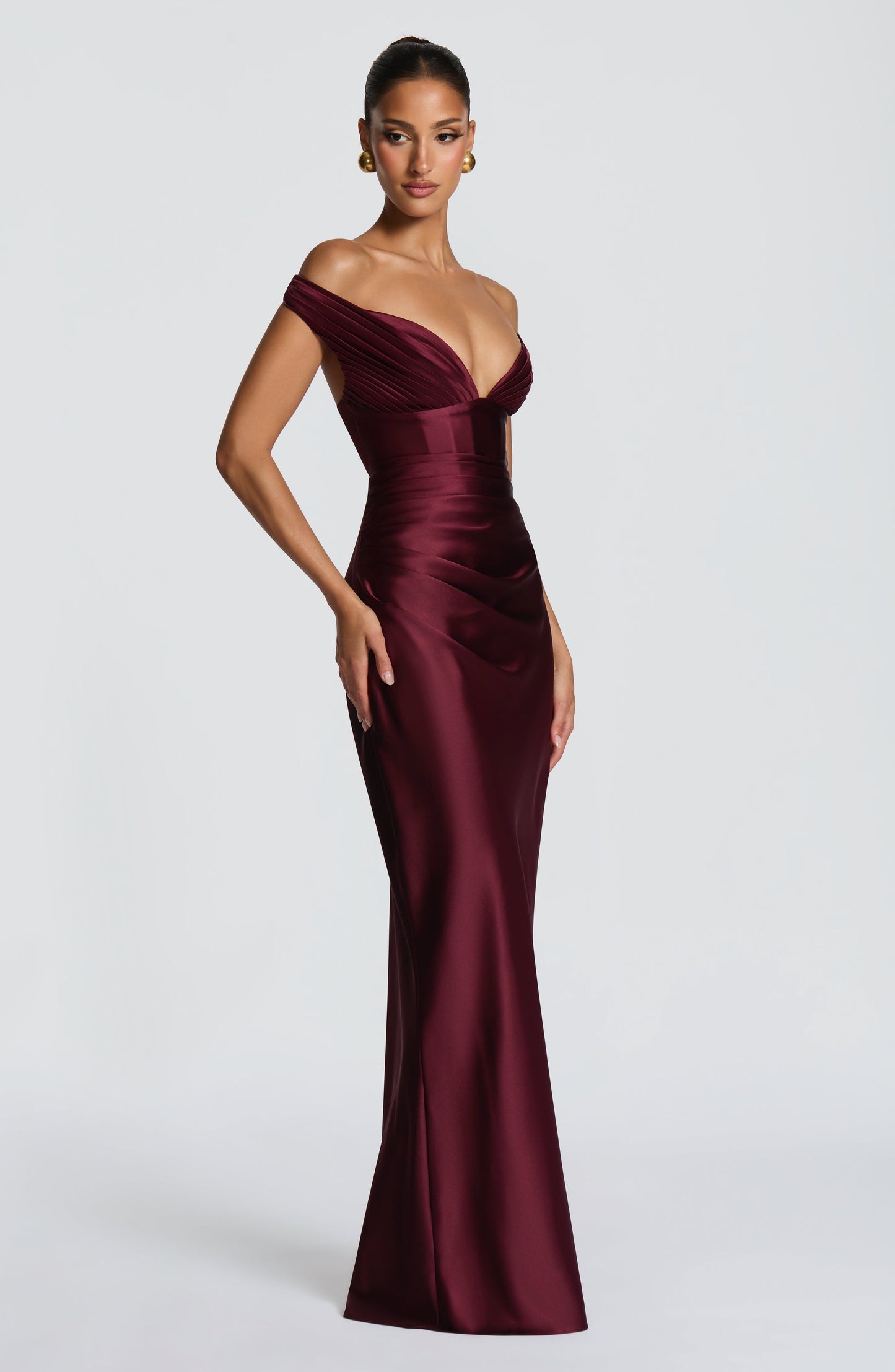 Women's red eloise pleated maxi dress, detail view