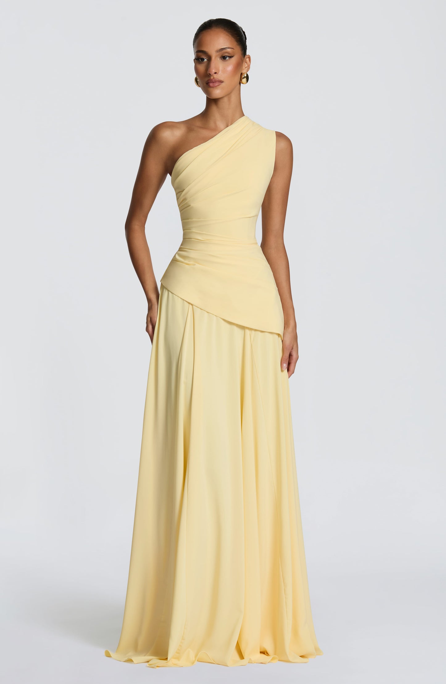 Women's yellow reign ruched maxi dress, close up