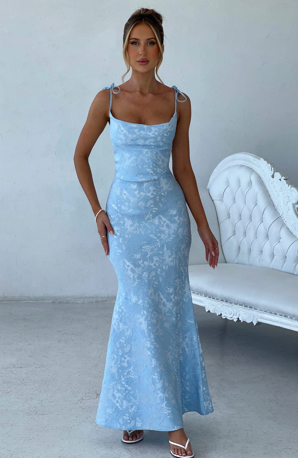 Women's blue greer square maxi dress, side view