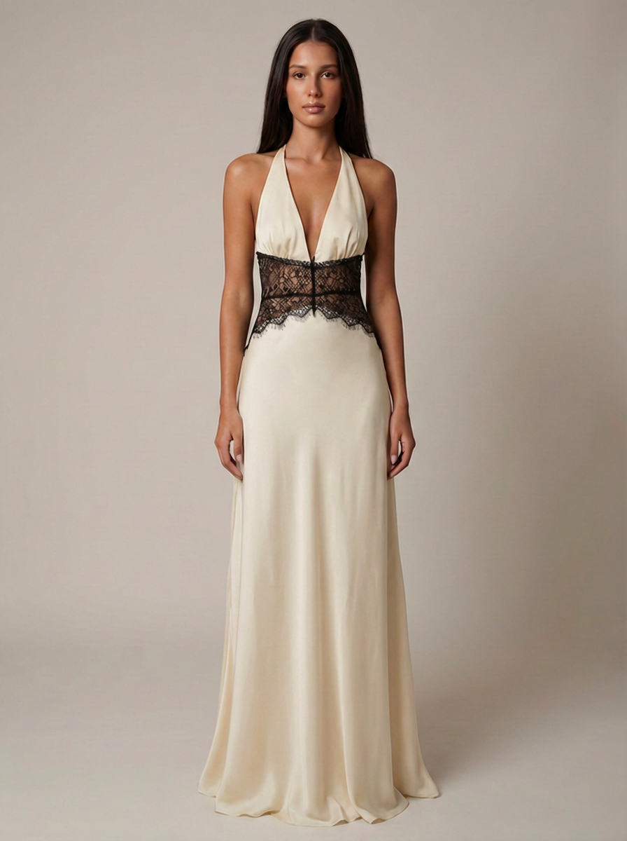 Centered front view of white floor-length maxi dress with plunging halter neckline and lace waist