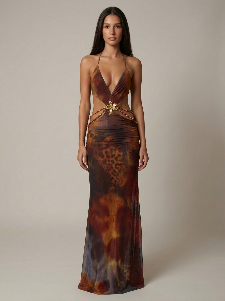 long mesh dress with v-neck and beaded waistband Diva Maxi – Multicolor - S - Women's Fashion Large Occasions campaign_je-taime-badge Event Dresses For Pear Size:newborn 0-1Y