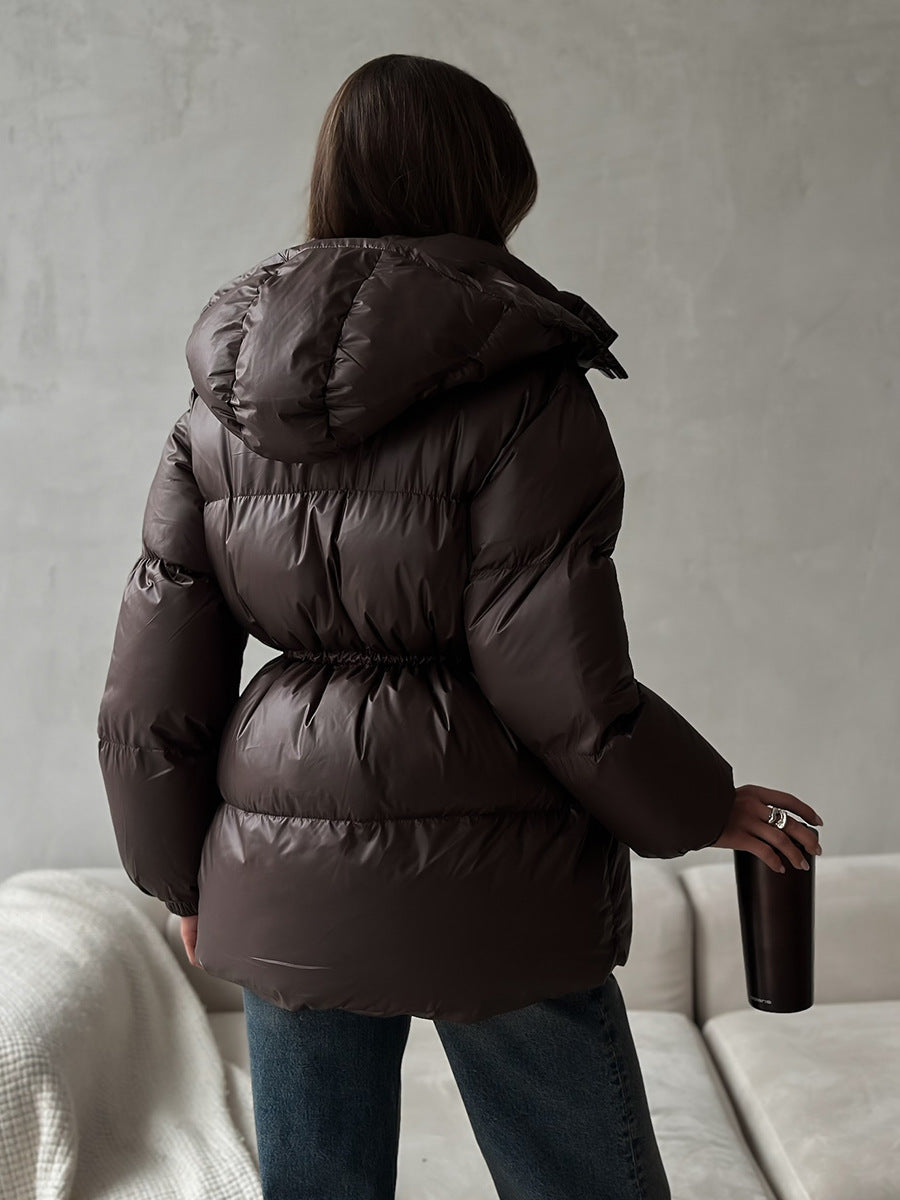 Women black quilted puffer jacket with stand collar and drawstring waist