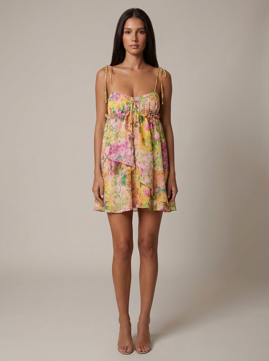 Floral Mini Dress – Yellow - M - Women's Fashion