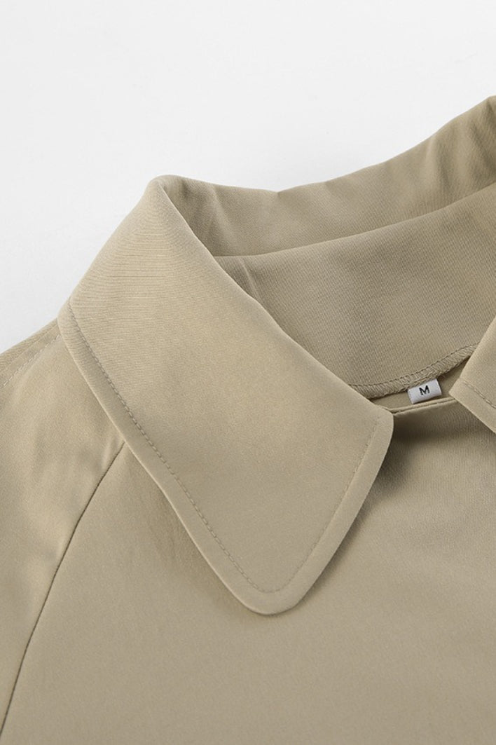 Women beige short trench coat with pointed collar and tie belt