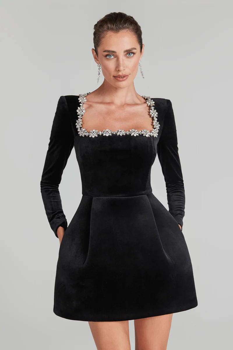 Women's black camille square mini dress, back view