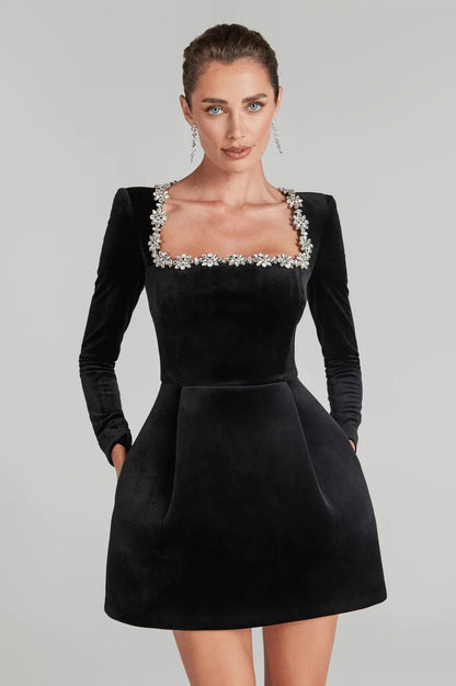 Women's black camille square mini dress, back view