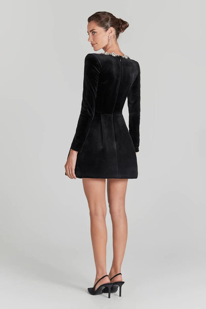 Women's black camille square mini dress, detail view