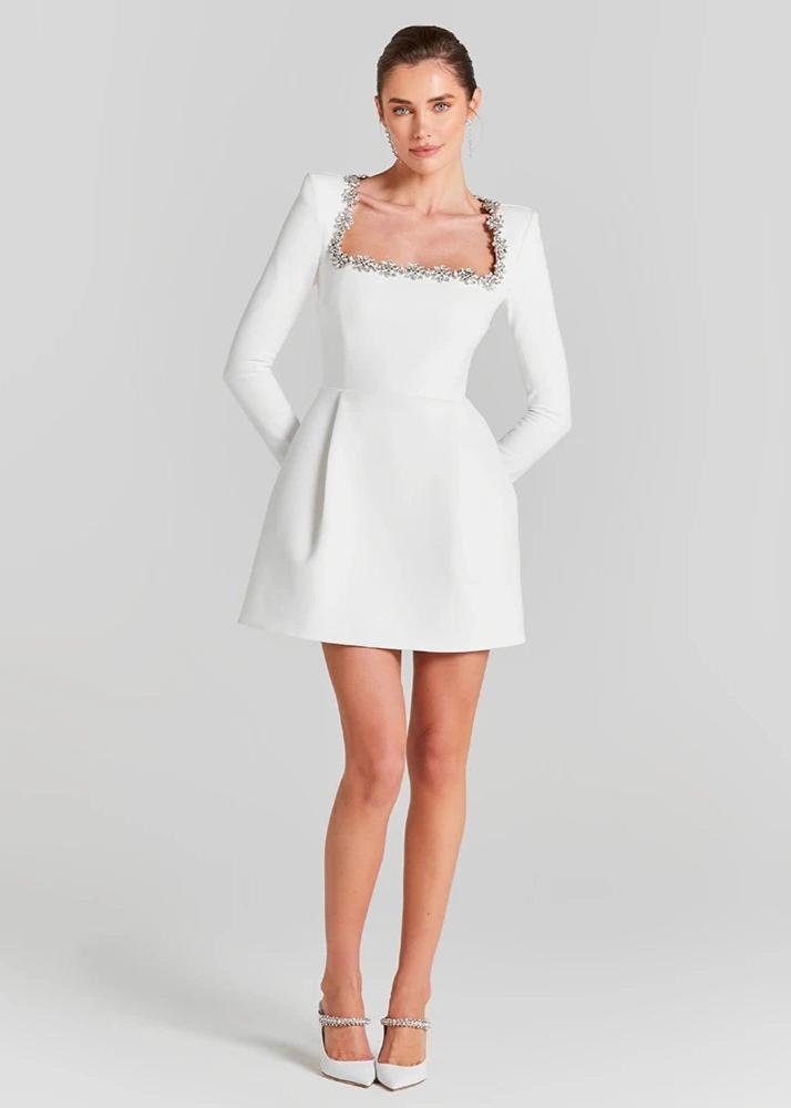 Women's white camille square mini dress, side view