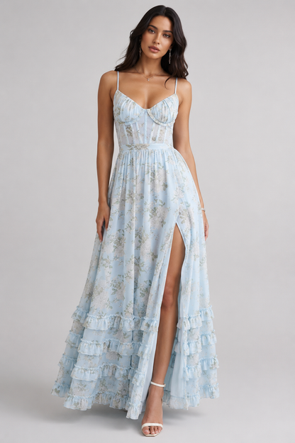 Women's blue iris ruffle maxi dress, front view