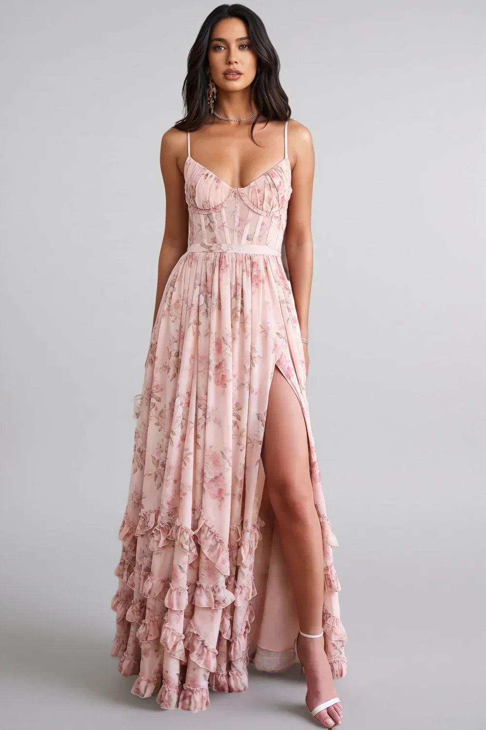 Women's pink iris ruffle maxi dress, front view