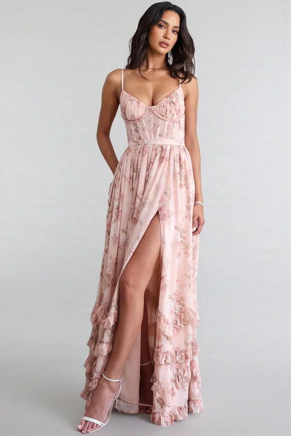 Women's pink iris ruffle maxi dress, back view