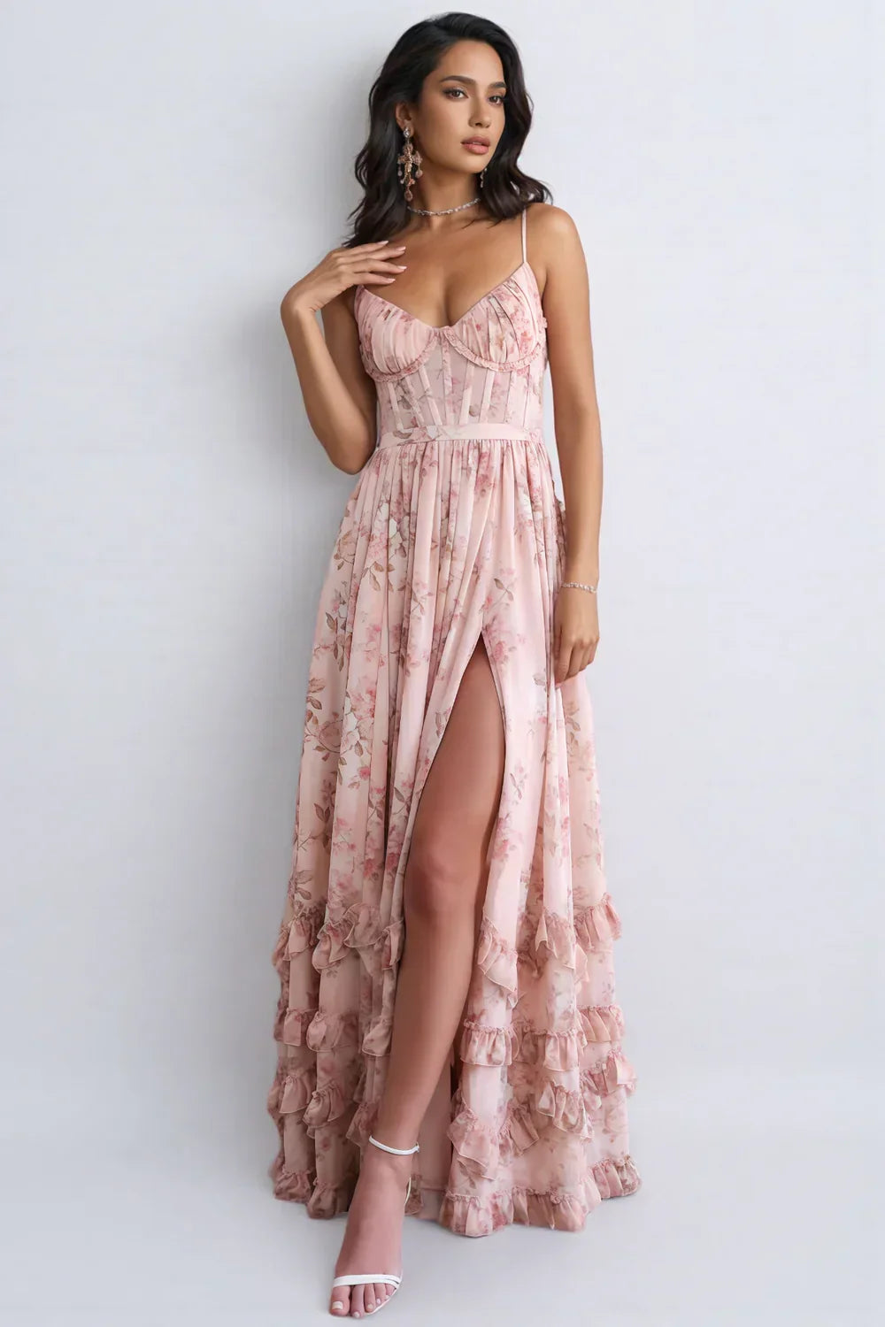 Women's pink iris ruffle maxi dress, side view