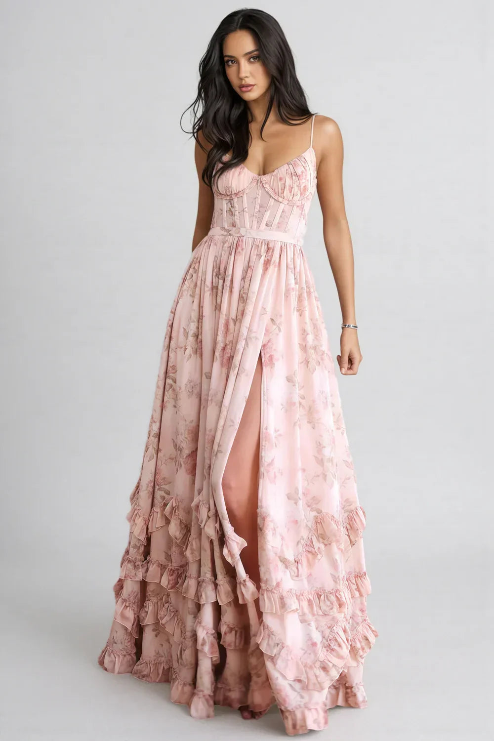 Women's pink iris ruffle maxi dress, detail view