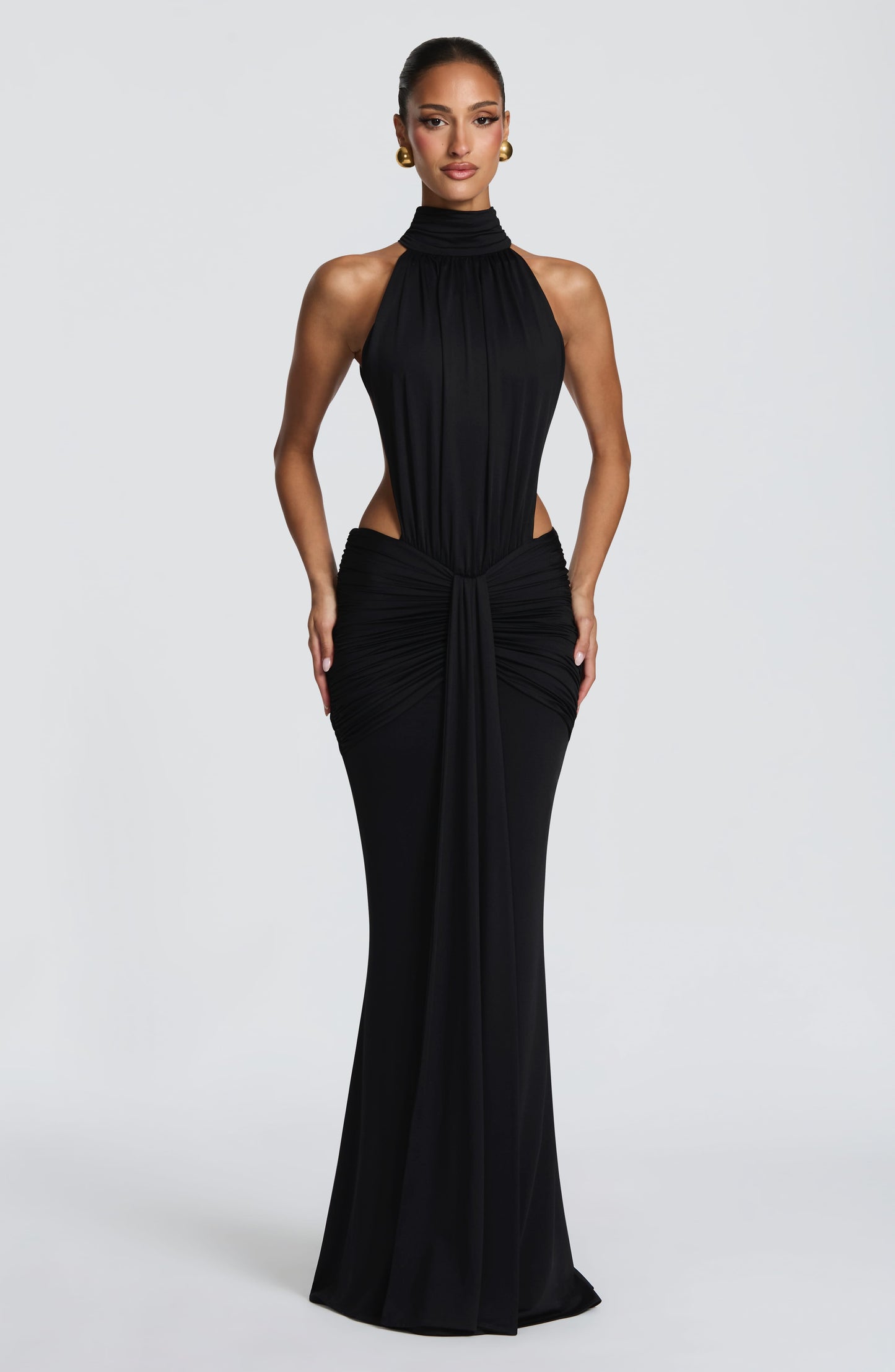 Women's black nova cutout maxi dress, front view