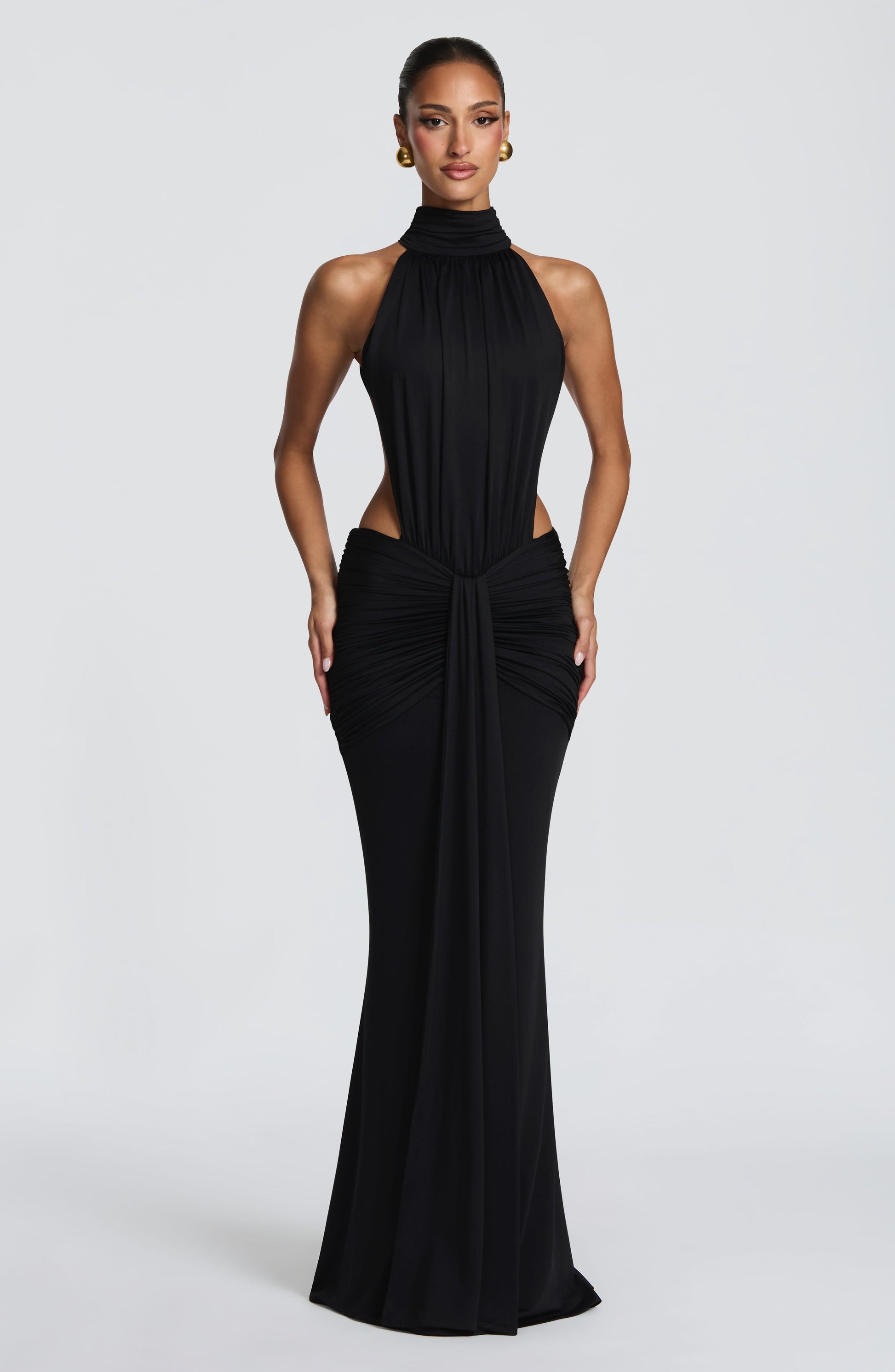 Women's black nova cutout maxi dress, front view