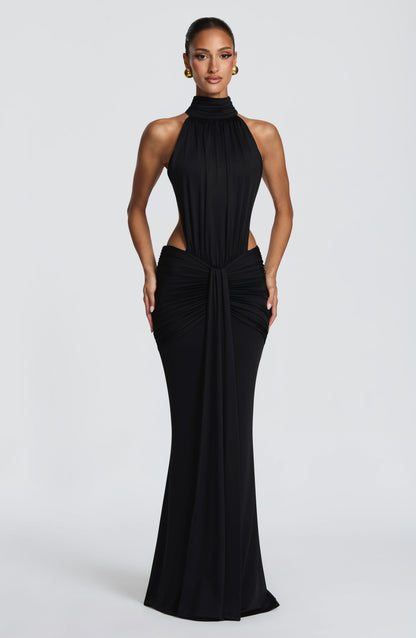 Women's black nova cutout maxi dress, front view