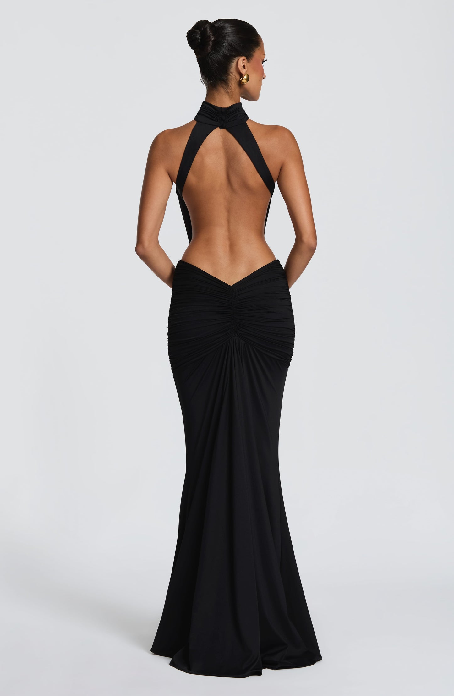 Women's black nova cutout maxi dress, back view