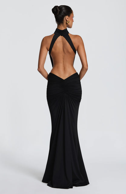 Women's black nova cutout maxi dress, back view