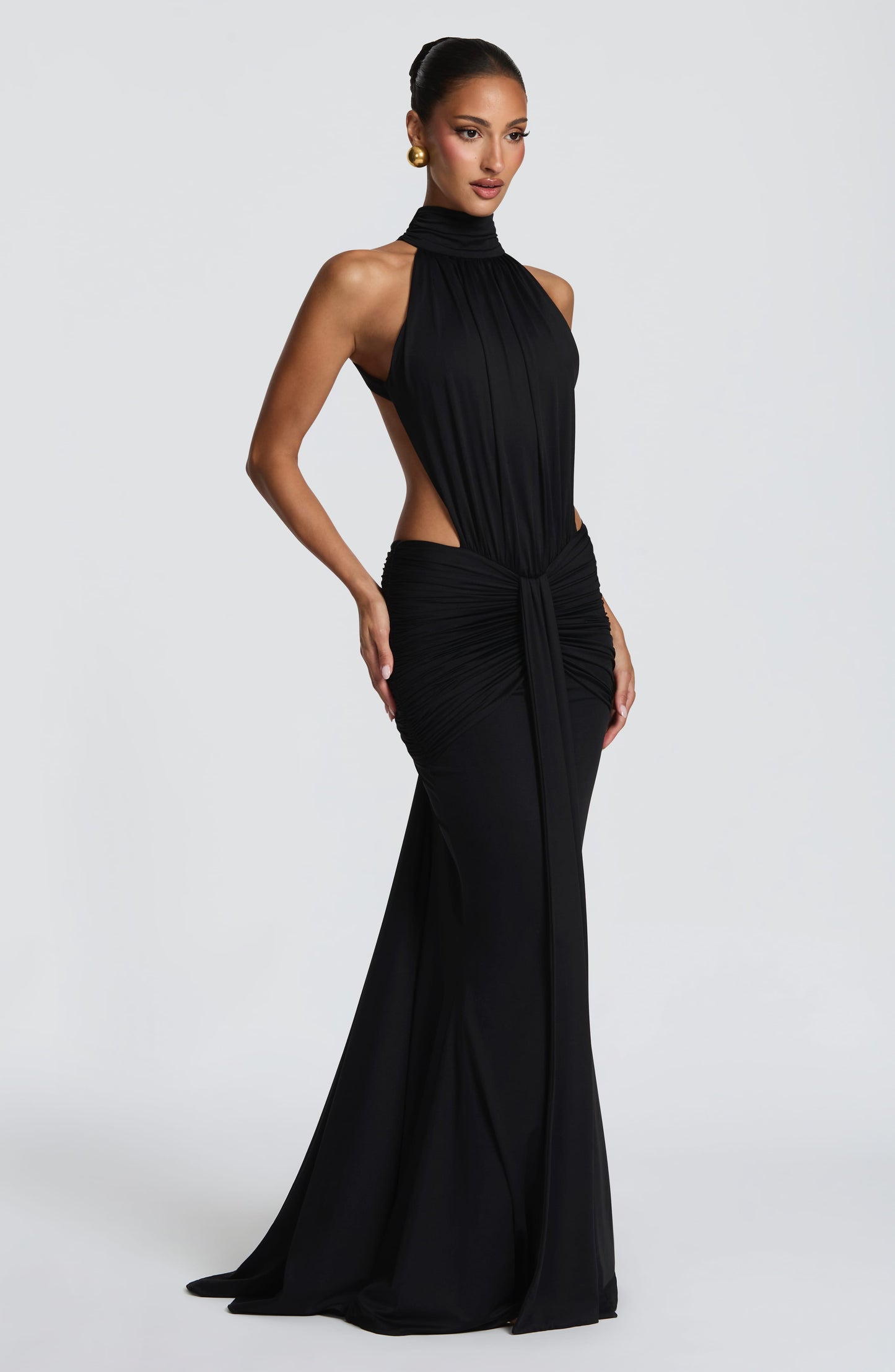 Women's black nova cutout maxi dress, side view