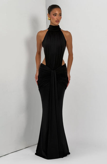 Women's black nova cutout maxi dress, styled view