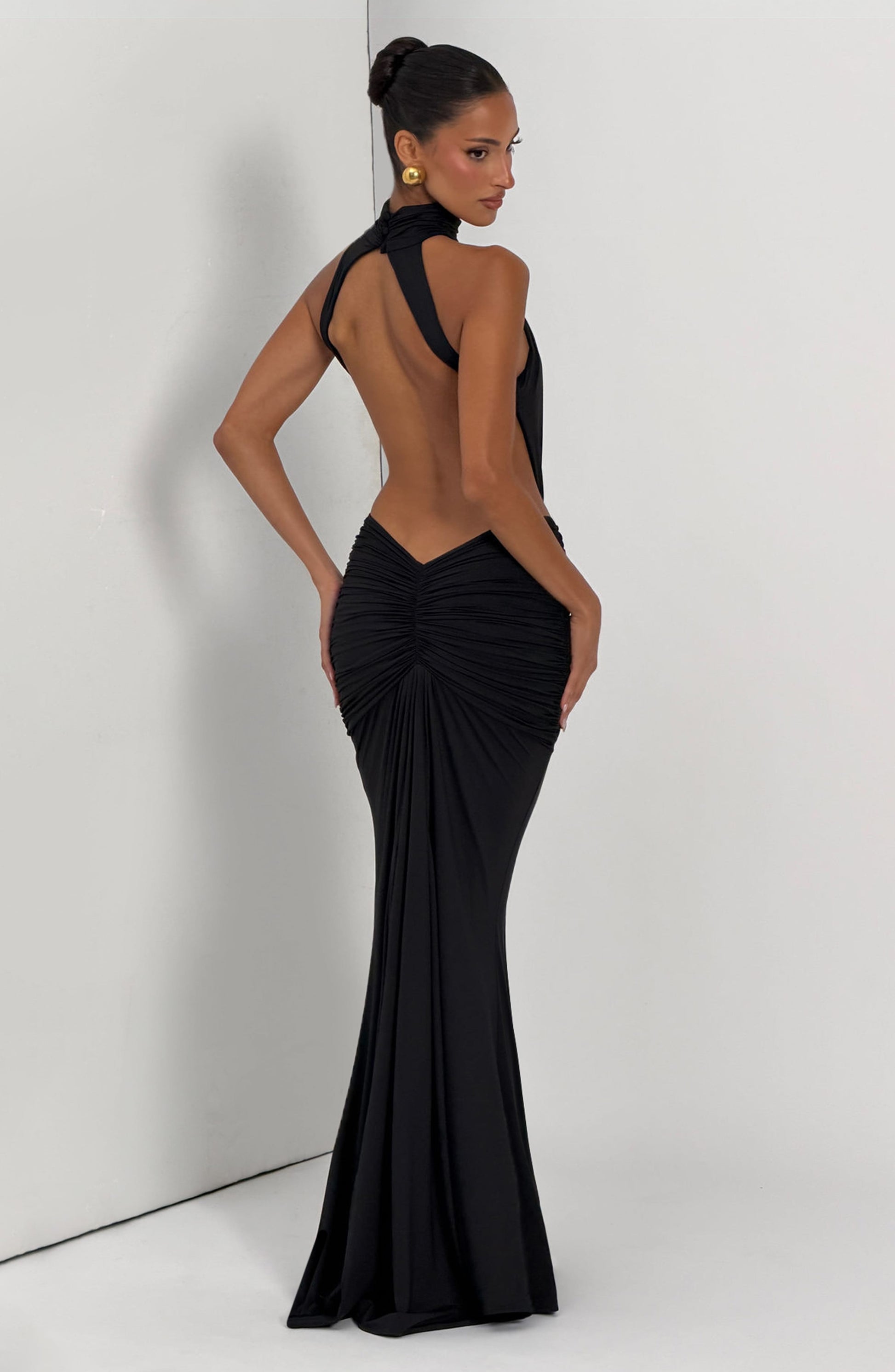 Women's black nova cutout maxi dress, close up