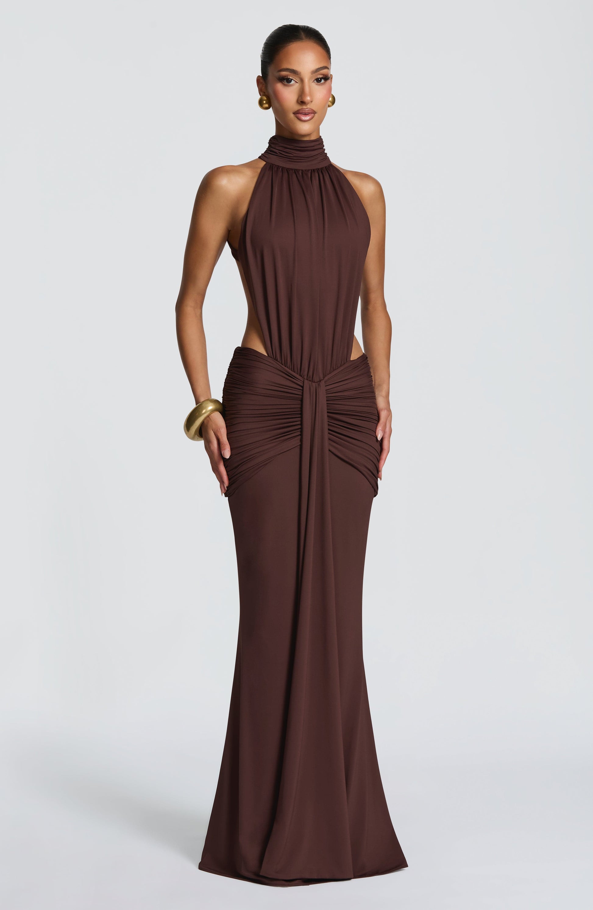 Women's brown nova cutout maxi dress, front view
