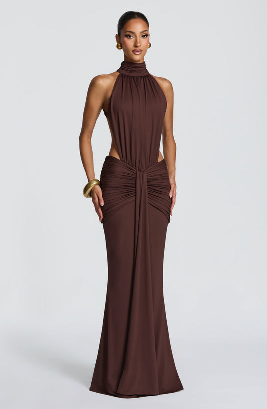 Women's brown nova cutout maxi dress, front view