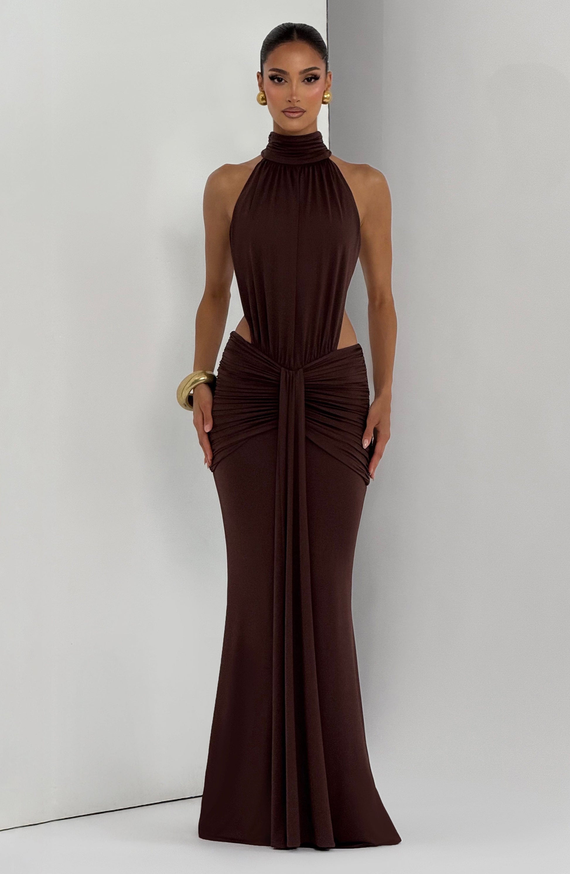 Women's brown nova cutout maxi dress, view 14