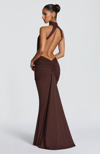 Women's brown nova cutout maxi dress, back view