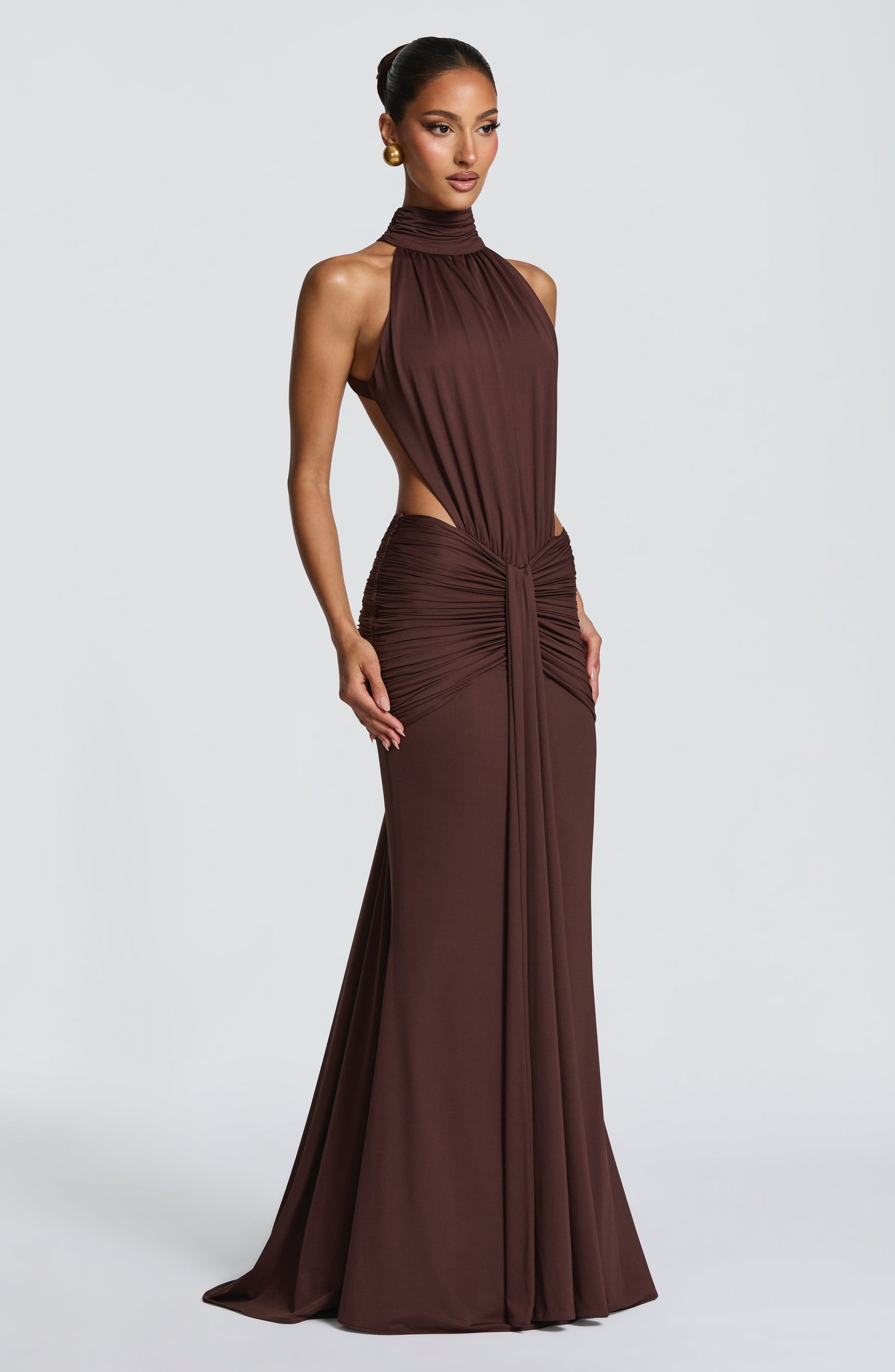 Women's brown nova cutout maxi dress, side view