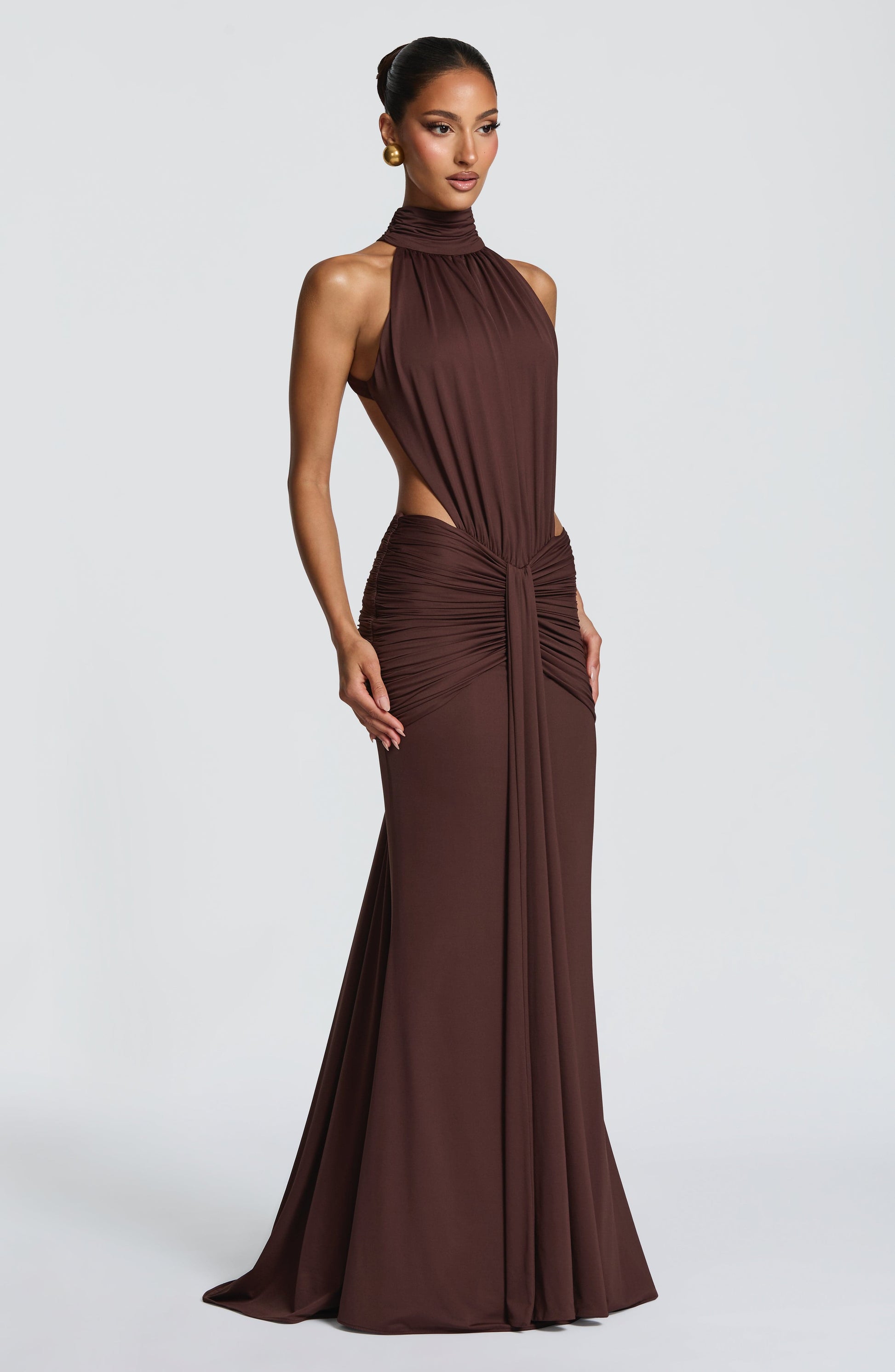 Women's brown nova cutout maxi dress, side view