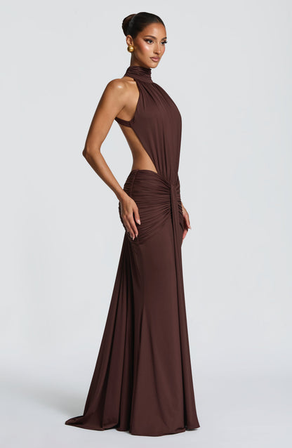 Women's brown nova cutout maxi dress, styled view