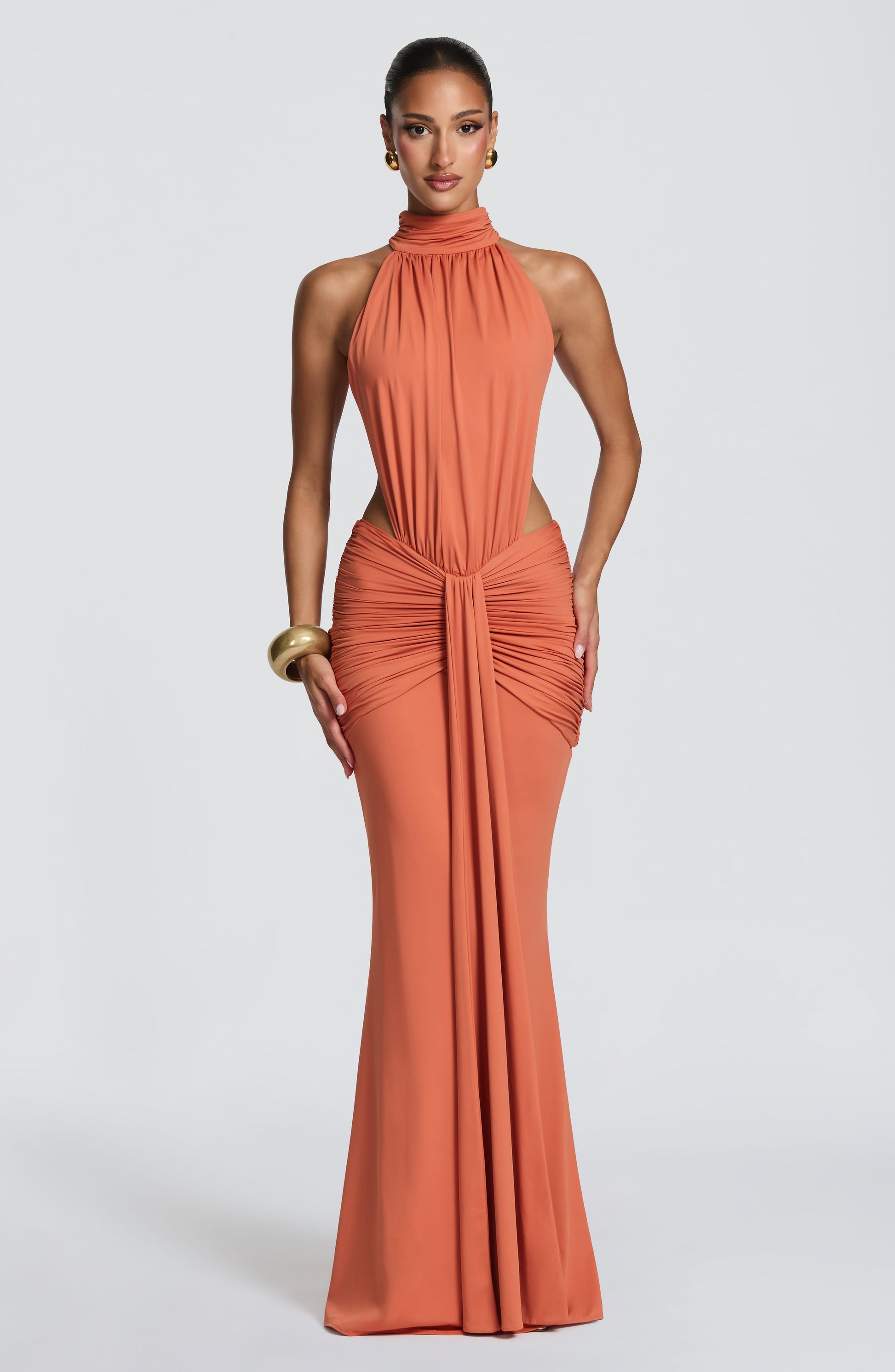 Women's orange nova cutout maxi dress, front view