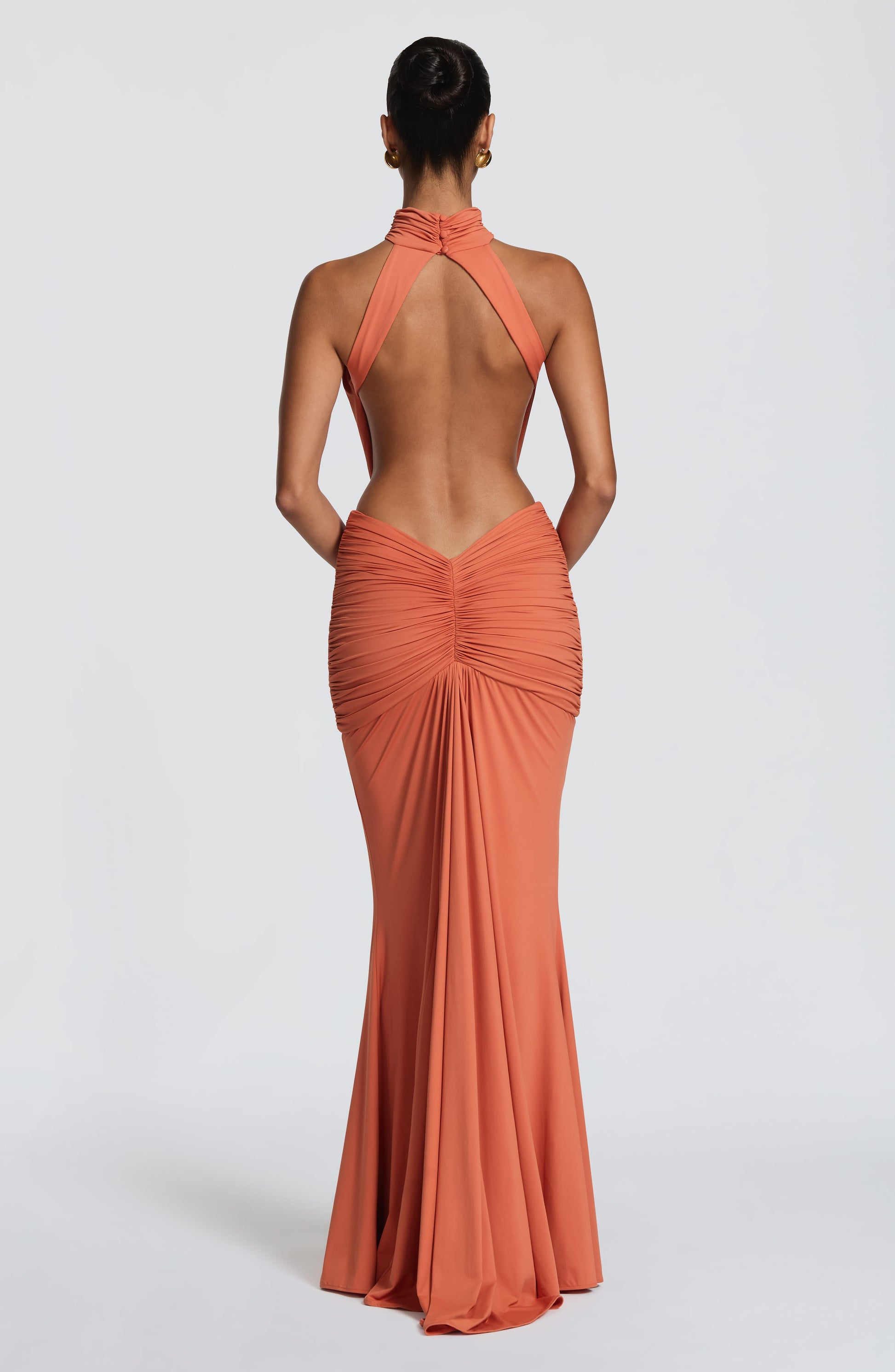 Women's orange nova cutout maxi dress, back view