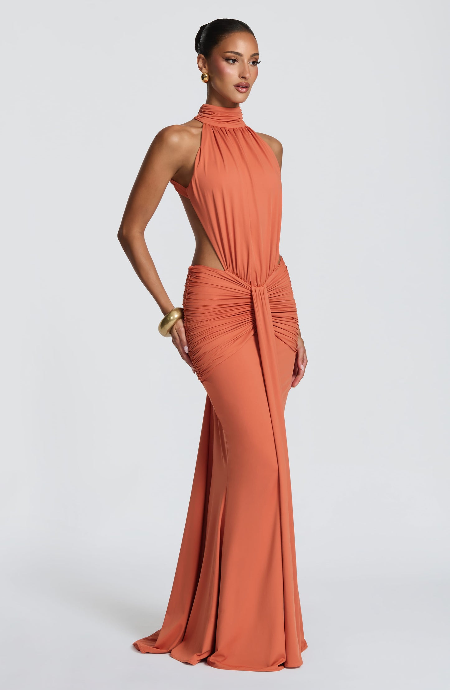 Women's orange nova cutout maxi dress, side view