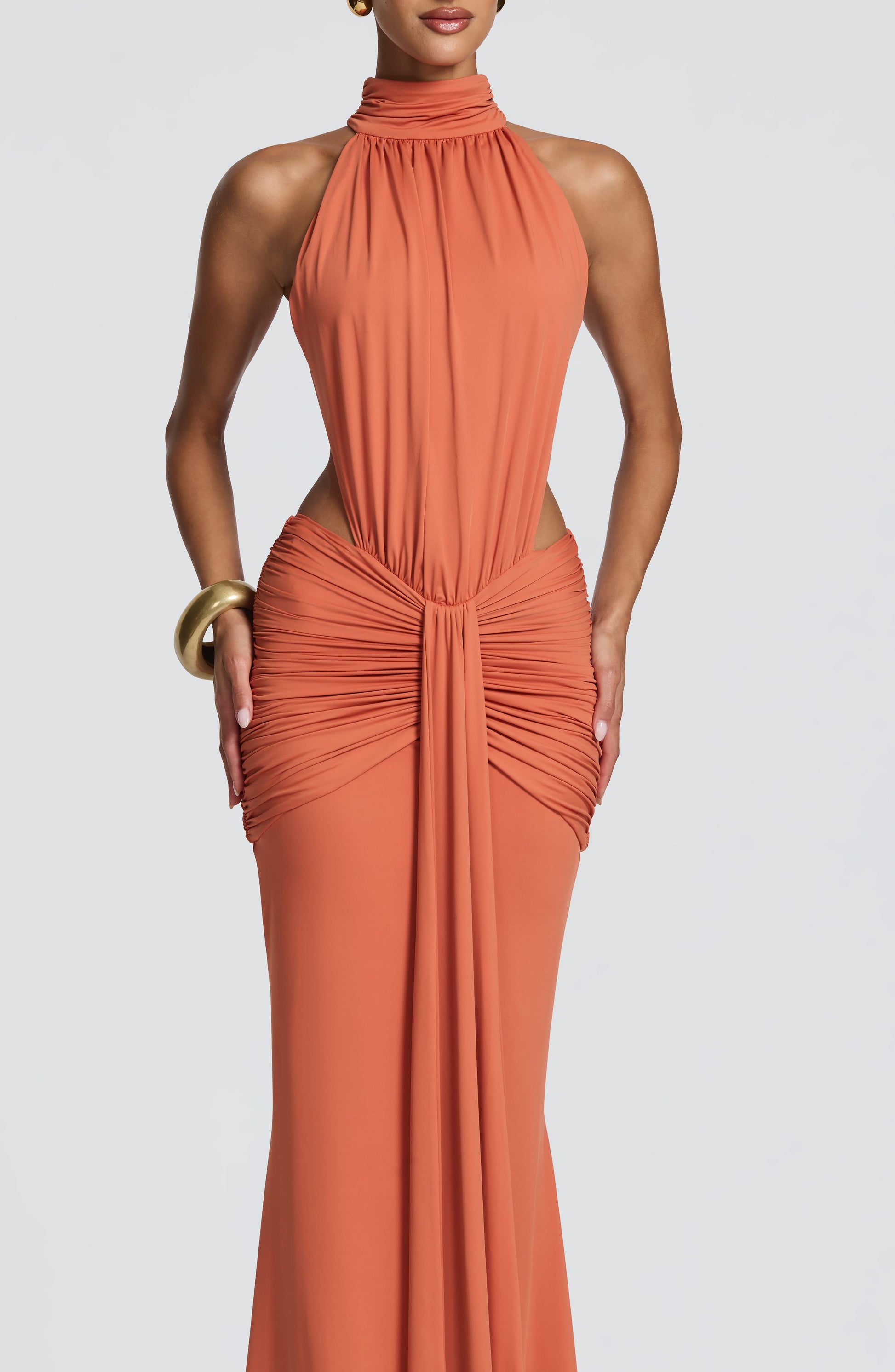 Women's orange nova cutout maxi dress, detail view