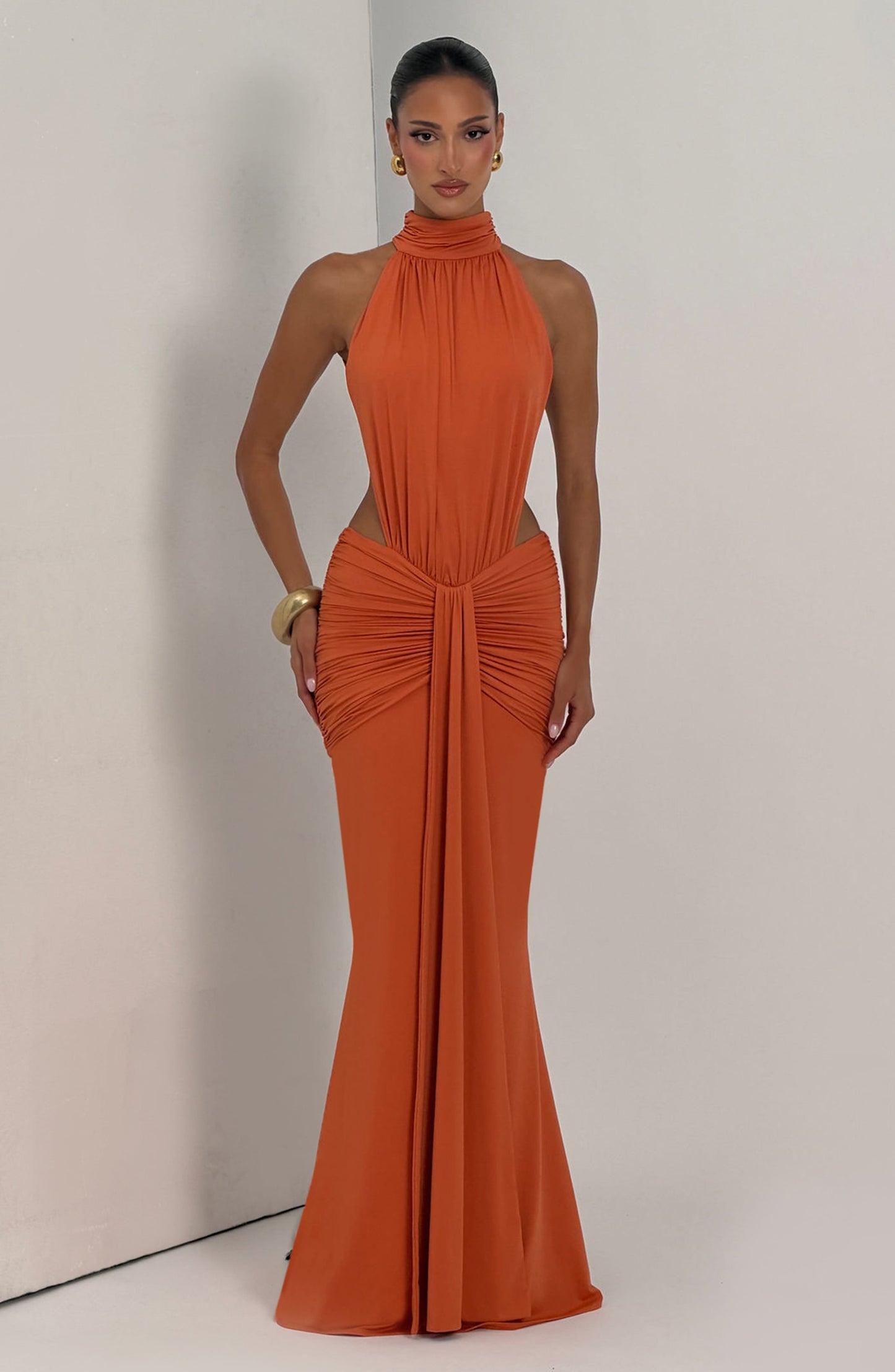 Women's orange nova cutout maxi dress, styled view
