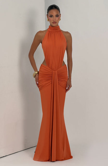 Women's orange nova cutout maxi dress, styled view