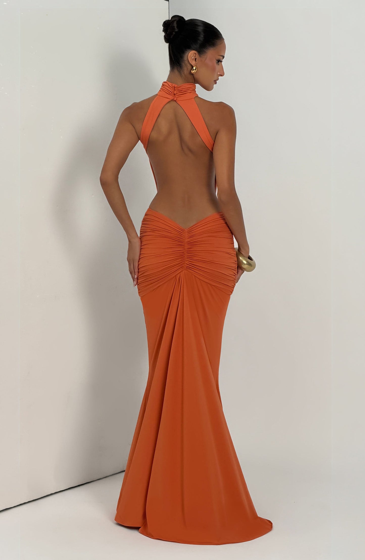 Women's orange nova cutout maxi dress, close up