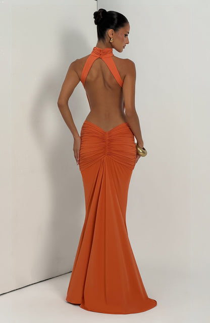 Women's orange nova cutout maxi dress, close up