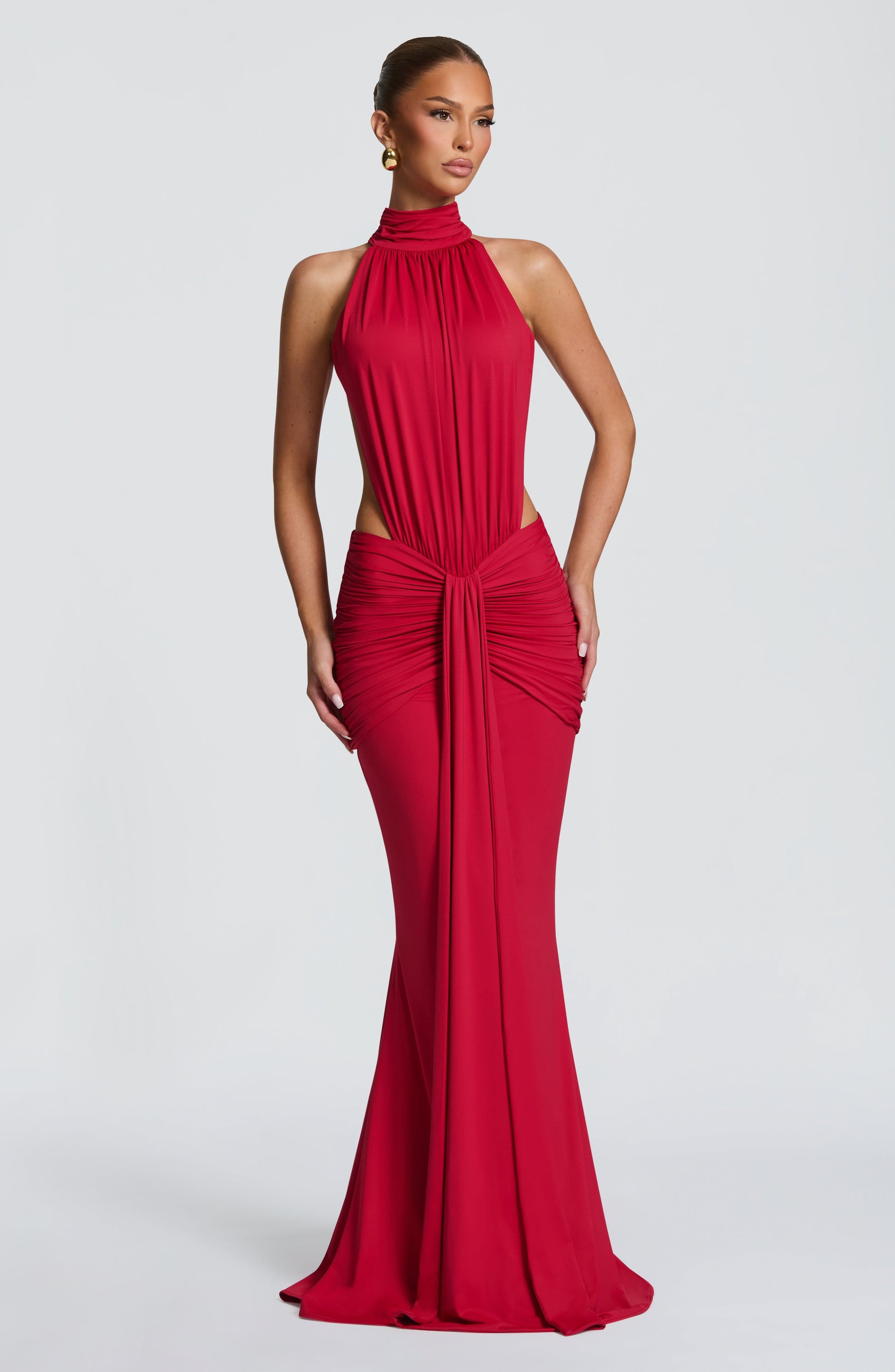 Women's red nova cutout maxi dress, front view