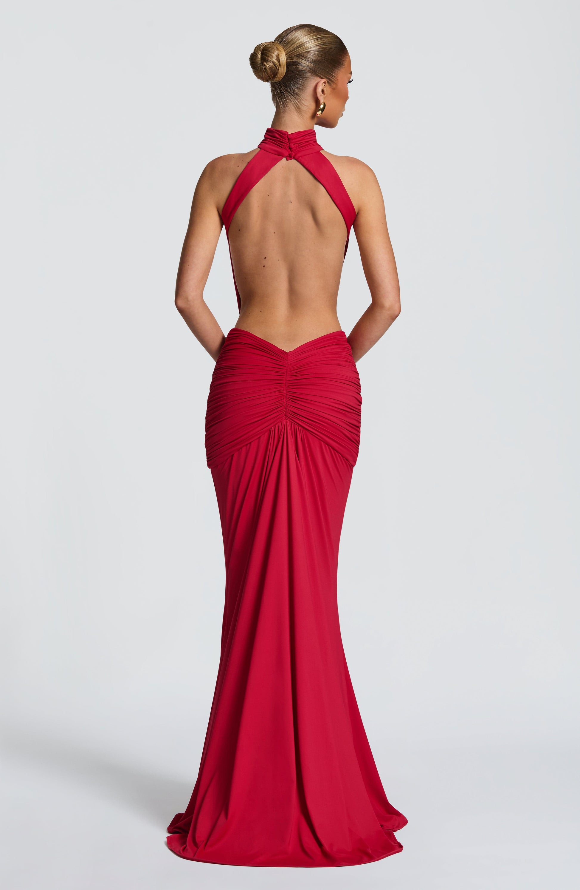 Women's red nova cutout maxi dress, back view