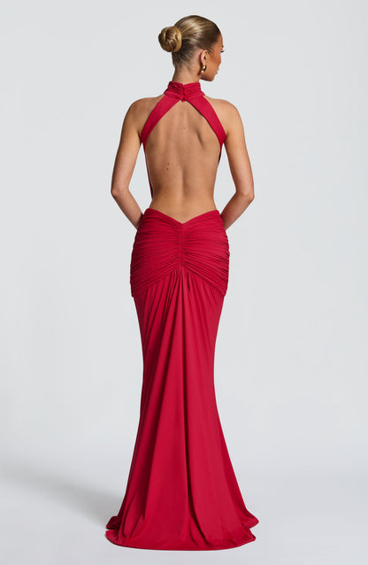 Women's red nova cutout maxi dress, back view