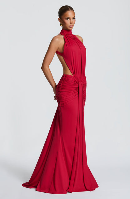 Women's red nova cutout maxi dress, side view