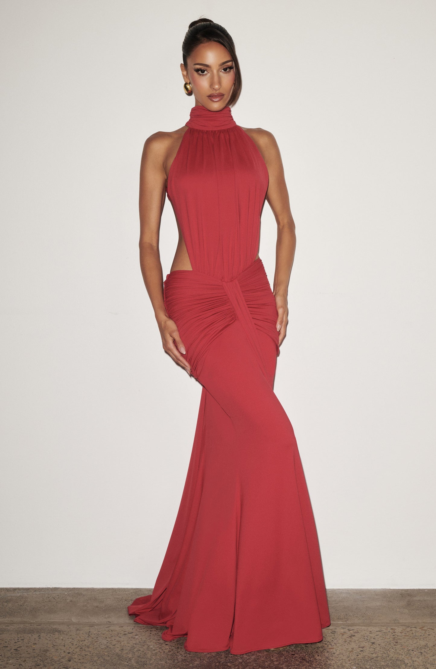 Women's red nova cutout maxi dress, styled view