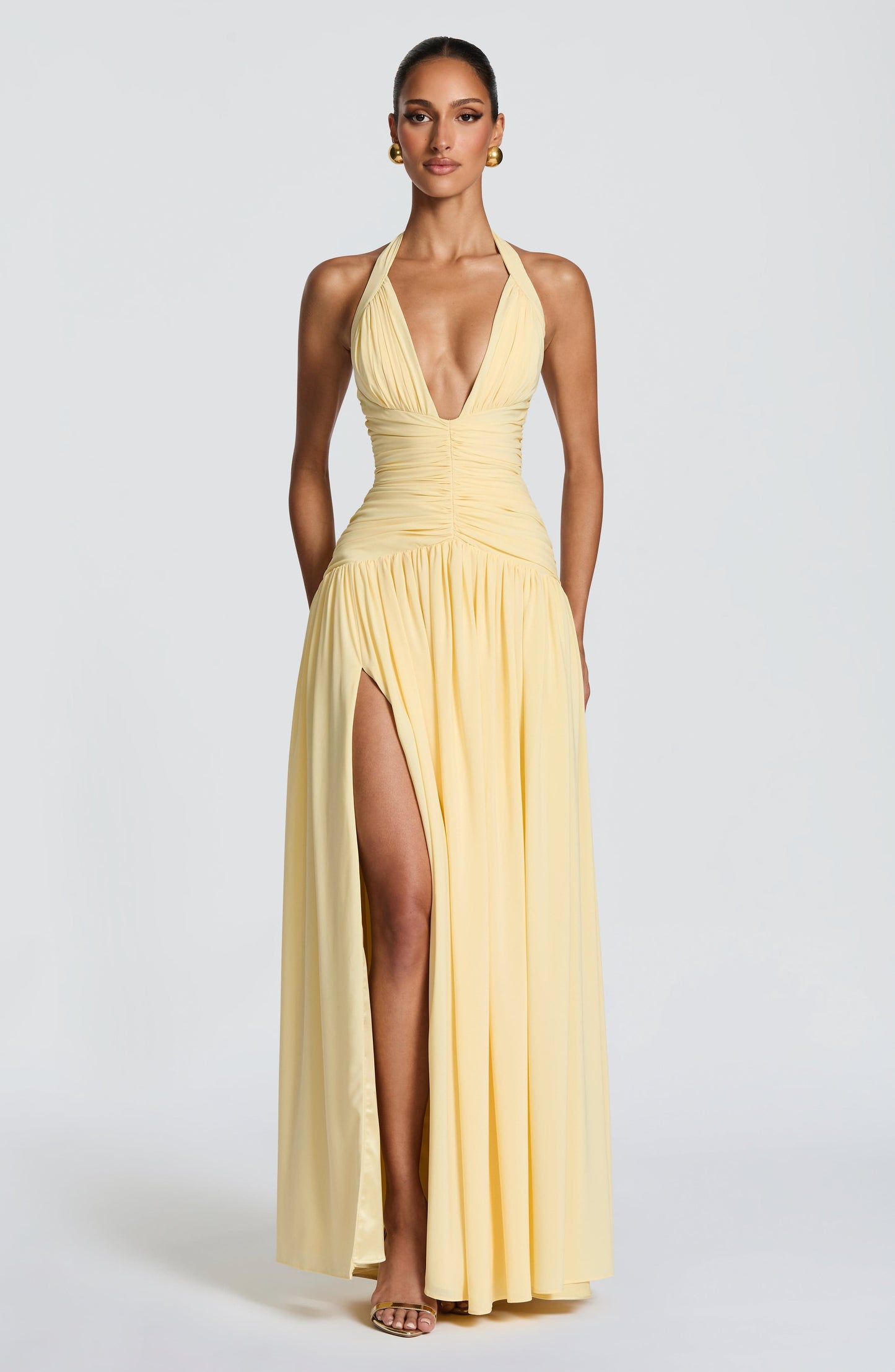 Women's yellow talia halter maxi dress, front view